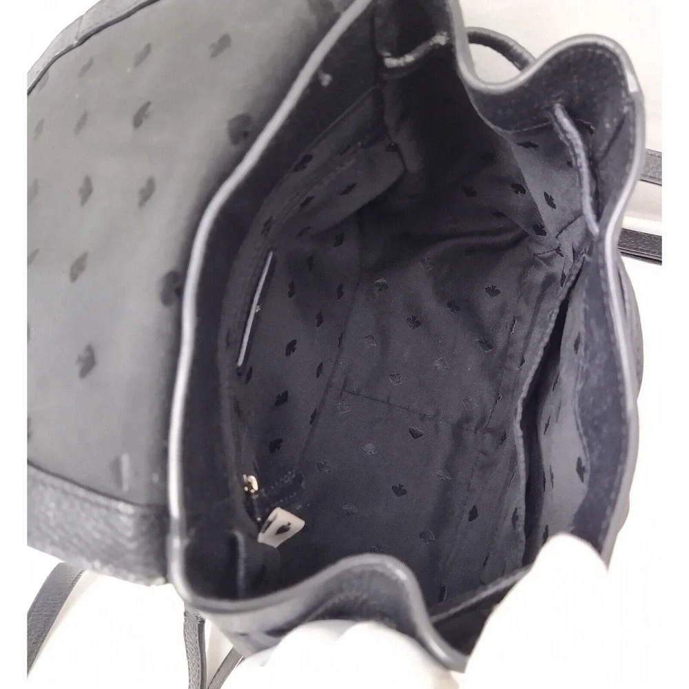 Kate Spade New York Black Pebbled Leather Zipper Flap Drawstring Backpack
